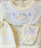 Baby Girls or Boys All Cotton Teddy Bear Unisex 4pc Yellow Knit Pant Set with Hat Newborn