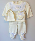 Baby Girls or Boys All Cotton Teddy Bear Unisex 4pc Yellow Knit Pant Set with Hat Newborn