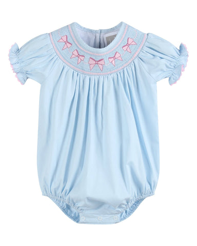 Blue and Pink Bow Smocked Bubble Romper