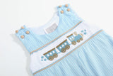Blue Gingham Train Smocked Longall