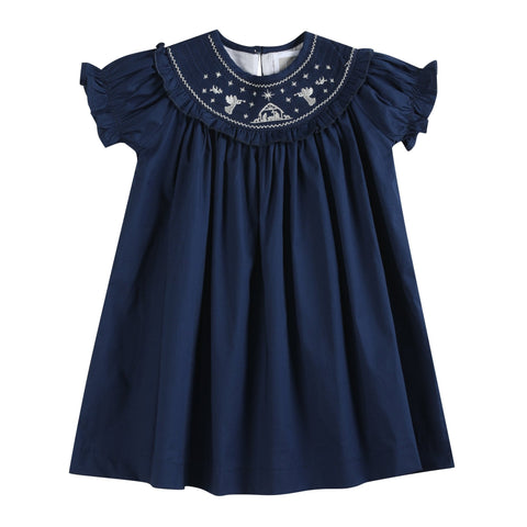 Blue Nativity Smocked Ruffle Bishop Dress