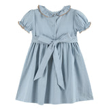 Blue Pinstripe Brown Smocked Ruffle Collar Dress