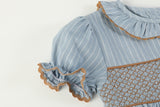 Blue Pinstripe Brown Smocked Ruffle Collar Dress