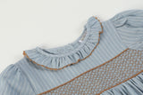 Blue Pinstripe Brown Smocked Ruffle Collar Dress