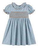 Blue Pinstripe Brown Smocked Ruffle Collar Dress