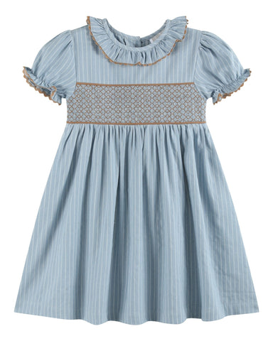 Blue Pinstripe Brown Smocked Ruffle Collar Dress