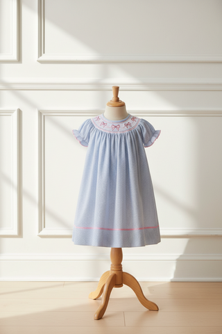 Lil Cactus Girls Blue Stripe Coquette Bow Seersucker Smocked Bishop Dress 3 6 9 12 18 24 Months 2T 3T 4T 5 Years