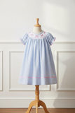 Lil Cactus Girls Blue Stripe Coquette Bow Seersucker Smocked Bishop Dress 3 6 9 12 18 24 Months 2T 3T 4T 5 Years