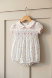 Magnolia Baby Girls Evelyn's Classics Smocked Blue Bow Coquette Bubble Pima Cotton Romper Newborn 3 6 9 12 18 24 Months