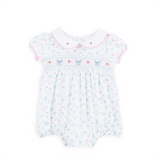 Magnolia Baby Girls Evelyn's Classics Smocked Blue Bow Coquette Bubble Pima Cotton Romper Newborn 3 6 9 12 18 24 Months
