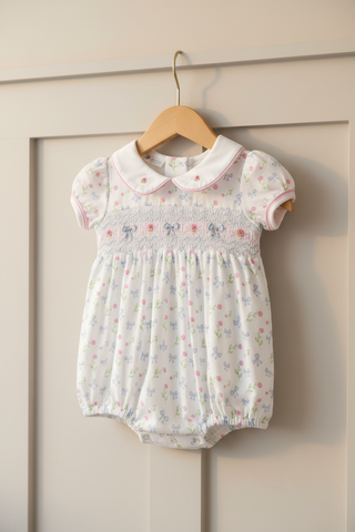 Magnolia Baby Girls Evelyn's Classics Smocked Blue Bow Coquette Bubble Pima Cotton Romper Newborn 3 6 9 12 18 24 Months