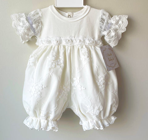 Haute Baby Girls Ivory White Pearls &  Lace Layette Romper Bubble Newborn
