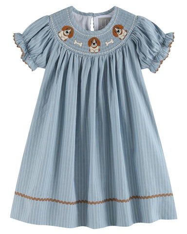 Light Blue Puppy Smocked Bishop Dress