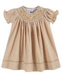 Light Brown Pinstripe Pumpkin Smocked Bishop Dress