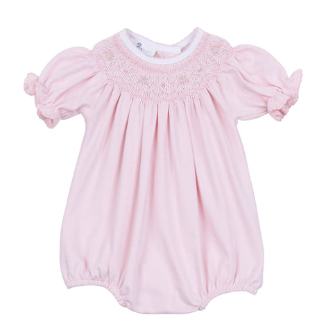 Magnolia Baby Girls Lillian's Pink Smocked Bubble Pima Cotton Romper Newborn 3 6 9 Months