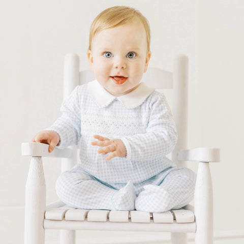 Magnolia Baby Baby Boys Soft Pima Cotton Blue Check Smocked Footie Longall Newborn