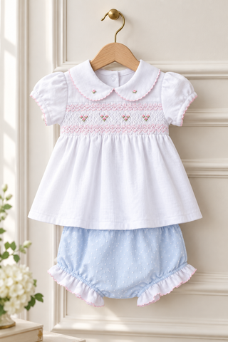 Magnolia Baby Girls All Cotton Blue Polka Dot Smocked Piper's Diaper Set 3 6 9 Months