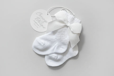 Carriage Boutiques Knit Grosgain Bow Ribbon Socks Baby Girls Newborn 0 3 6 Months White