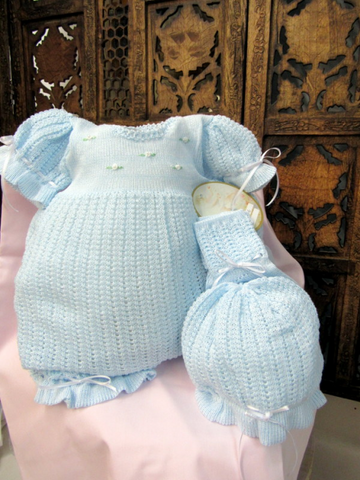 Will'beth Blue Knit Ribbon 3pc Bubble Romper Set Baby Girls Newborn & Preemie