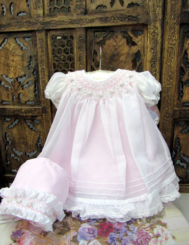 Will'beth Girls White Sheer Overlay Rose Smocked Bishop Dress with Bonnet Preemie, Newborn 3 6 9 Months