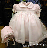 Will'beth Girls Pink Sheer Overlay Rose Smocked Dress with Bonnet Pree ...