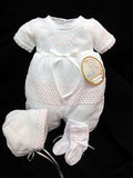 Will'beth White Pink Flower Knit 3p Romper Preemie or  Newborn Baby Girls with Bonnet & Booties