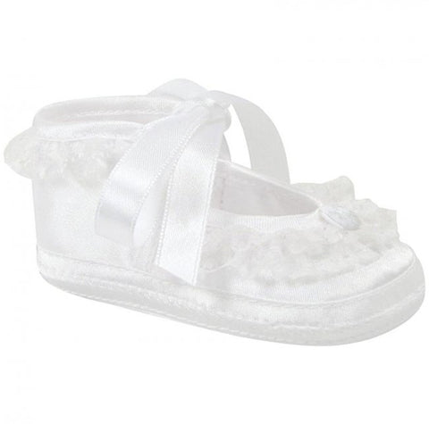 Baby Deer White Satin Lace Frilly Booties Crib Shoes Girls Preemie & Newborn Size 00 & 0