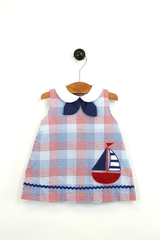Petit Ami Navy & Red Sailboat Sailor Tie Baby Girls Sun Dress 12 18 24 M