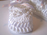 Girls White Ribbon Crocheted Pearl Accent Baby Booties Crib Shoes Newborn