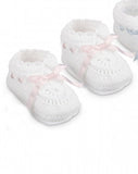 Hand Crochet White & Pink Satin Ribbon Baby Booties Girls Shoes Size 0 Newborn