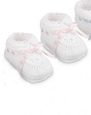 Hand Crochet White & Pink Satin Ribbon Baby Booties Girls Shoes Size 0 Newborn