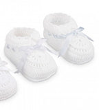 Jefferies Socks White Crochet Blue Satin Ribbon Baby Booties Boys Girls Shoes Size 0 Newborn
