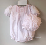 Petit Ami Girls Pink Classic Pintuck Bubble Romper & Bonnet Newborn