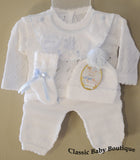 Will'beth Baby Boys White Blue Knit Pom Pom 4pc Welcome Home Set Newborn & Preemie