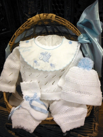 Will'beth Baby Boys White Blue Knit Pom Pom 4pc Welcome Home Set Newborn & Preemie