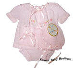 Will'beth Girls Pink Knit Ribbon Floral Diaper 4pc Set with Bonnet & Bloomers Newborn & Preemie