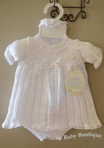 Will'beth White Knit Girls Dress 3pc Set Preemie or Newborn Headband & Bloomers