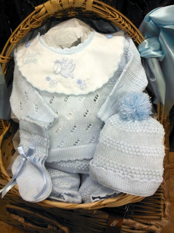 Will'beth Baby Boys Blue Knit Pom Pom 4pc Welcome Home Set Preemie & Newborn