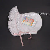 Will'Beth White Pink Knit Lace Baby Bonnet Newborn Girls Boutique Ribbon