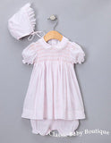Petit Ami Pink Smocked Lace Dress 3 6 9 Months Bloomers & Bonnet Baby Girls
